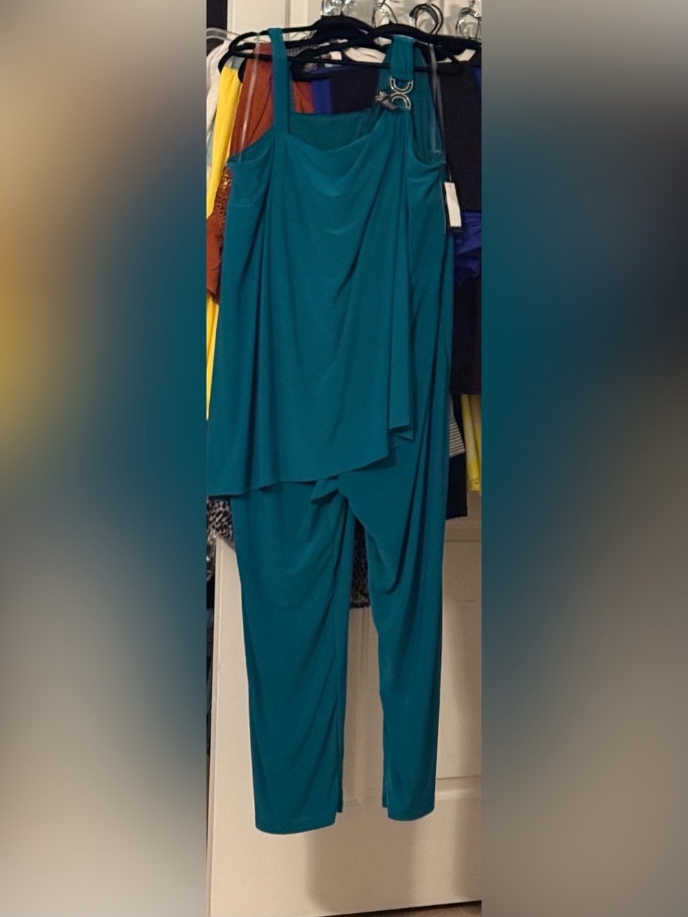 R&M Richards Teal Draped One-Shoulder Jumpsuit